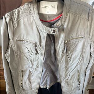 Cavalini Light Gray Leather Bomber Jacket with Red Trim